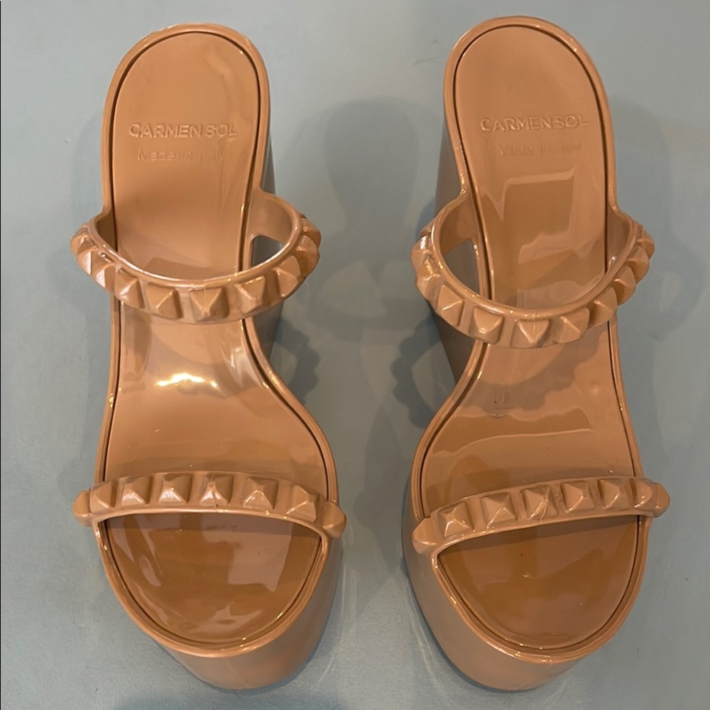 Tan Platform Slide Sandals with Studded Design